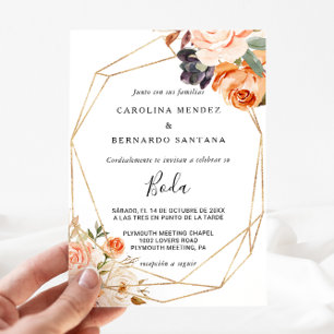 Convites Autumn Geométrico Dourada Floral Boda