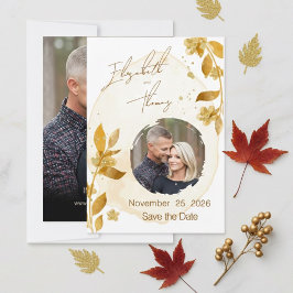 Convites Autumn Golden Floral Script Photo Save the Date