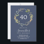 Convites Autumn Greenery | ANIVERSÁRIO DE 40 ANOS MARINHO<br><div class="desc">Este convite para aniversário de 40 anos verde de outono é perfeito para uma festa de aniversário de outono. A design moderna rústica apresenta folhas azuis marinhos,  verdes-sábios e douradas com espirros de flores azuis escuras.</div>