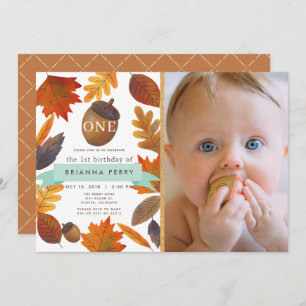 Convites Autumn Leaves Acorn Watercolor Photo primeiro aniv