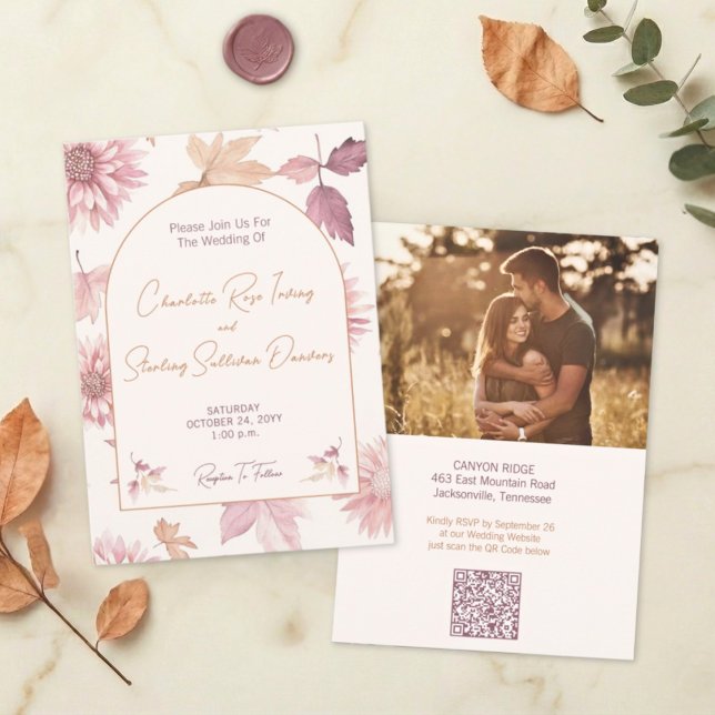 Convites Autumn Leaves Blush Terracotta Photo Wedding (Criador carregado)