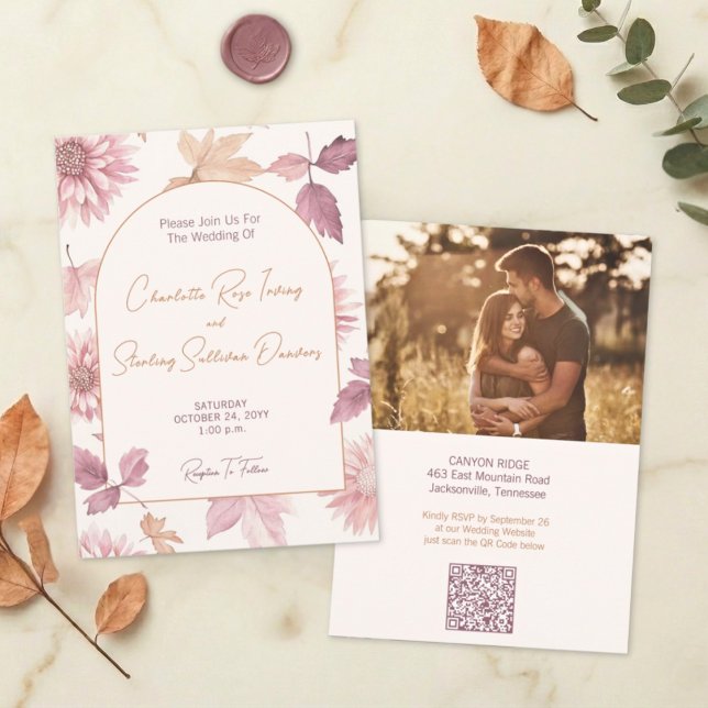 Convites Autumn Leaves Blush Terracotta Photo Wedding (Criador carregado)