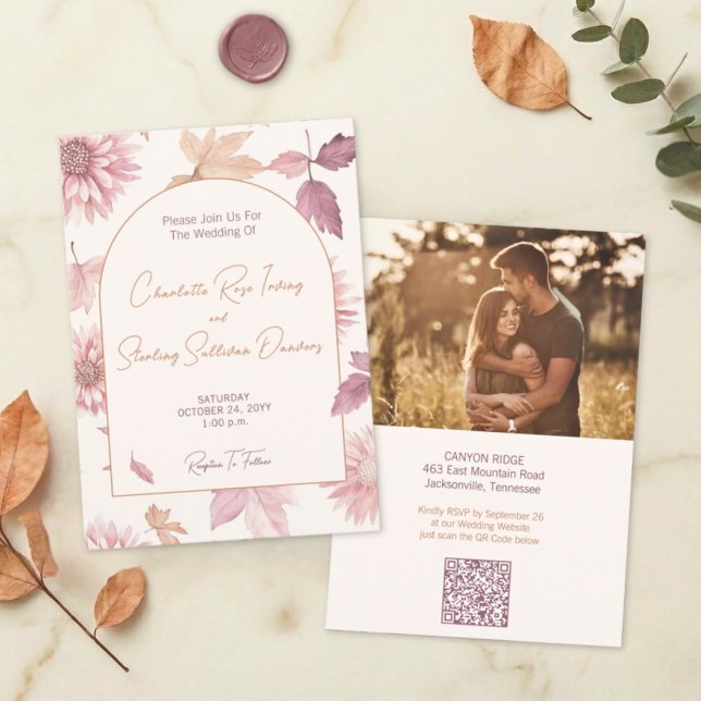 Convites Autumn Leaves Blush Terracotta Photo Wedding (Criador carregado)