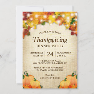 Convites Autumn Leaves Lights Burlap Janta de Ação de Graça