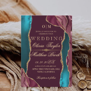 Convites Autumn Modern Red Black Gold Agate Casamento