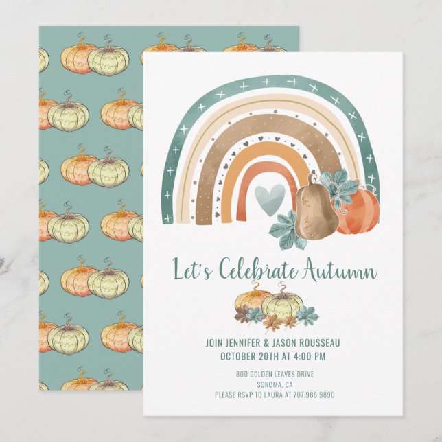 Convites Autumn Party Watercolor Rainbow Pumpkins (Frente/Verso)