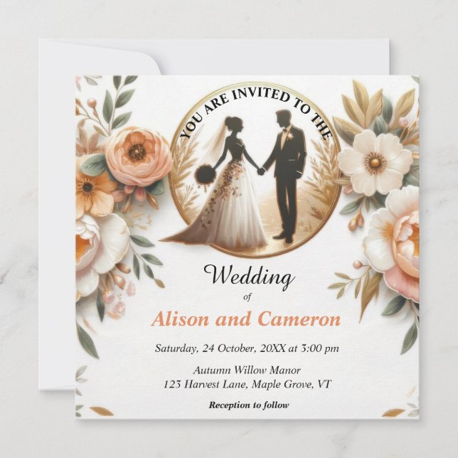 Convites Autumn Peach Floral Wedding (Frente)