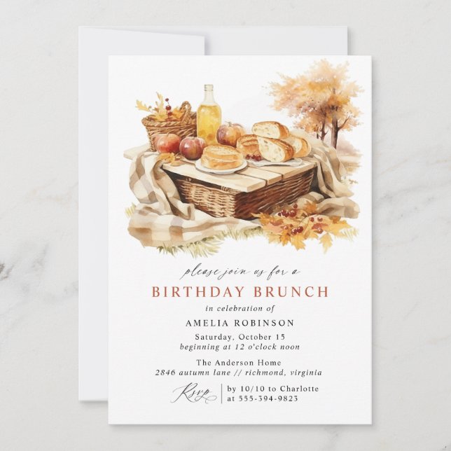 Convites Autumn Picnic | Cute Fall Theme Birthday Brunch (Frente)