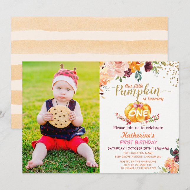 Convites Autumn Pumpkin Baby Birthday com Foto para Criança (Frente/Verso)
