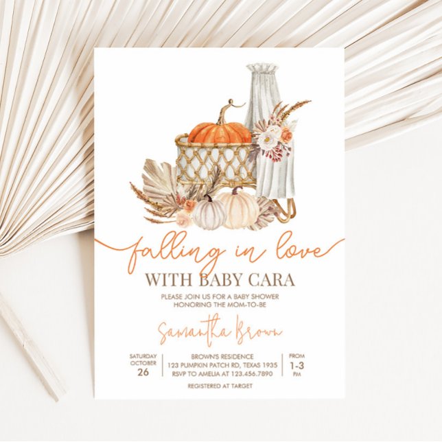 Convites Autumn Pumpkin Cai no Chá de fraldas do Amor (Boho Orange Pumpkin Baby Shower Invitation)