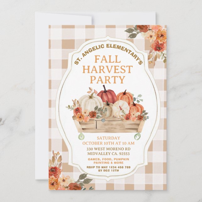 Convites Autumn Pumpkin Floral Gingham Fall Harvest (Frente)