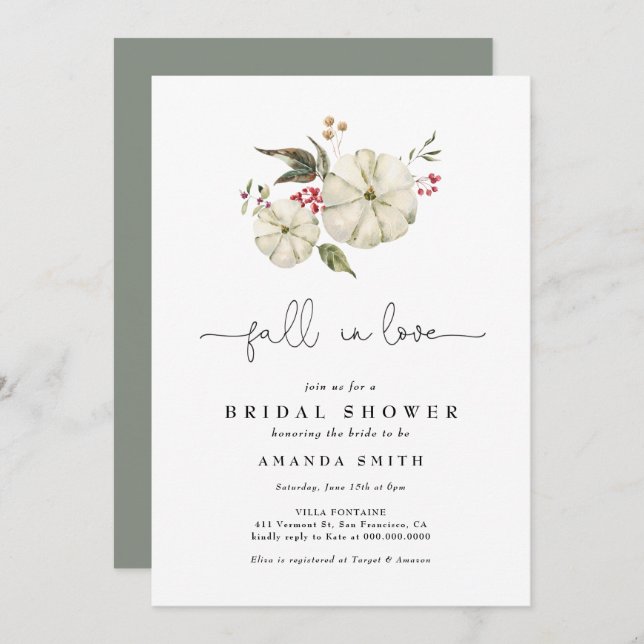 Convites Autumn Pumpkin Floral Sage Chá de panela Verde (Frente/Verso)