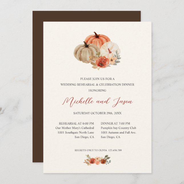 Convites Autumn Pumpkins Flowers Elegante REHEARSAL (Frente/Verso)