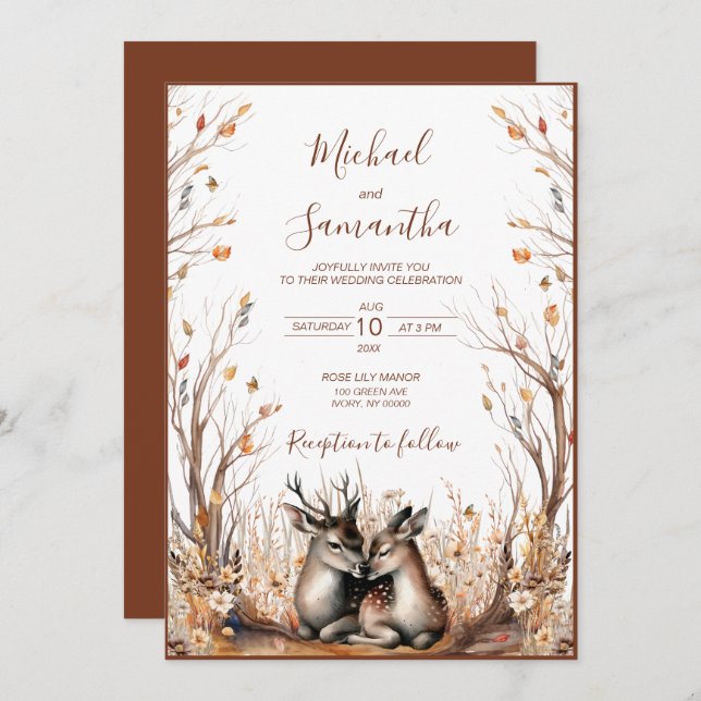 Convites Autumn Rustic Deer Wedding Collection (Frente/Verso)