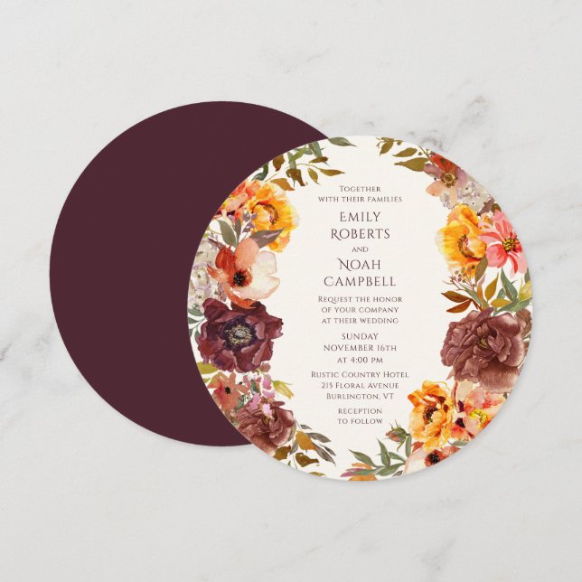 Convites Autumn Rustic Plum Orange Floral Weding (Frente/Verso)