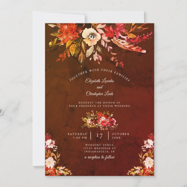 Convites Autumn Splendor Floral Marbled Brown Casamento (Frente)