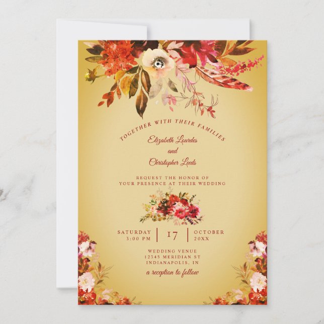 Convites Autumn Splendor Floral Ouro Lavado Casamento (Frente)