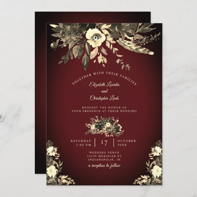 Convites Autumn Watercolor Floral Burgundy & Ivory Wedding (Frente/Verso)