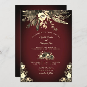 Convites Autumn Watercolor Floral Burgundy & Ivory Wedding