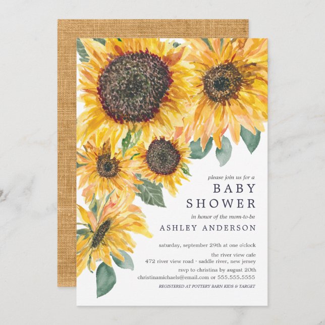 Convites Autumn Watercolor Sunflower Floral Chá de fraldas (Frente/Verso)