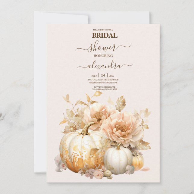 Convites Autumn White Dourado Glits Pumpkin Bridal (Frente)