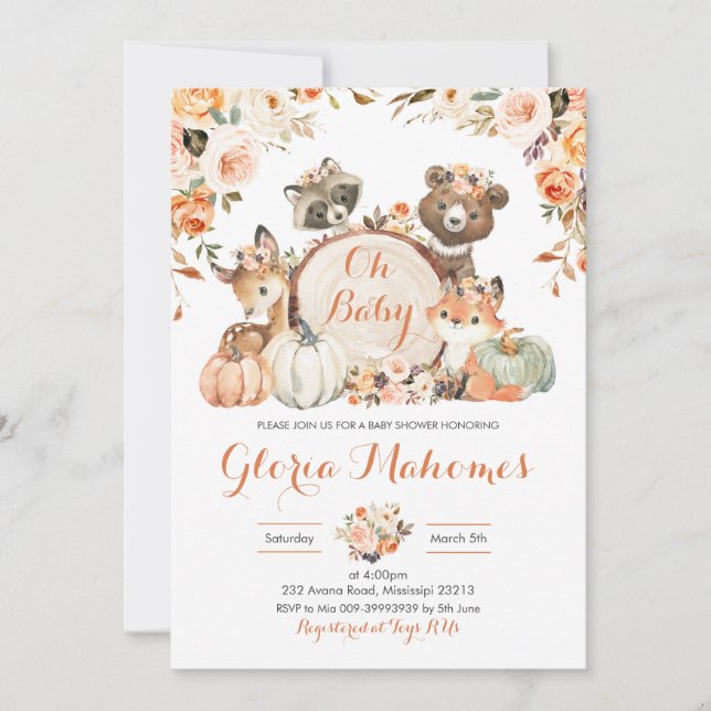 Convites Autumn Woodland Girl Oh Baby Chá de fraldas (Frente)