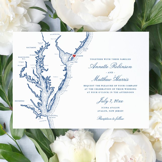 Convites Avalon New Jersey Elegant Wedding (Elegant Avalon New Jersey Map Wedding Invitation with navy blue script typography and red heart)