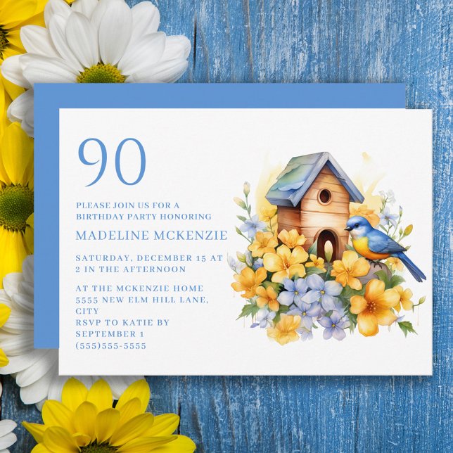 Convites Ave Birdhouse Blue Yellow Flowday 90 (Yellow and blue flowers, bird and birdhouse 90th birthday party invitation)