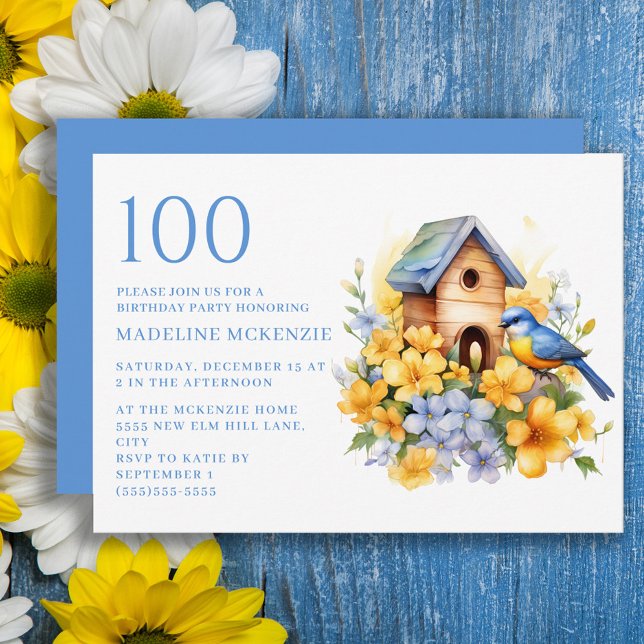 Convites Ave Birdhouse Blue Yellow Flowers 100º aniversário (Yellow and blue flowers, blue bird and birdhouse 100th birthday party invitation)