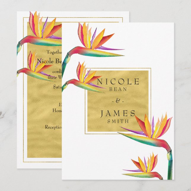 Convites Ave do Paraíso Elegante Dourado Branco Casamento (Frente/Verso)