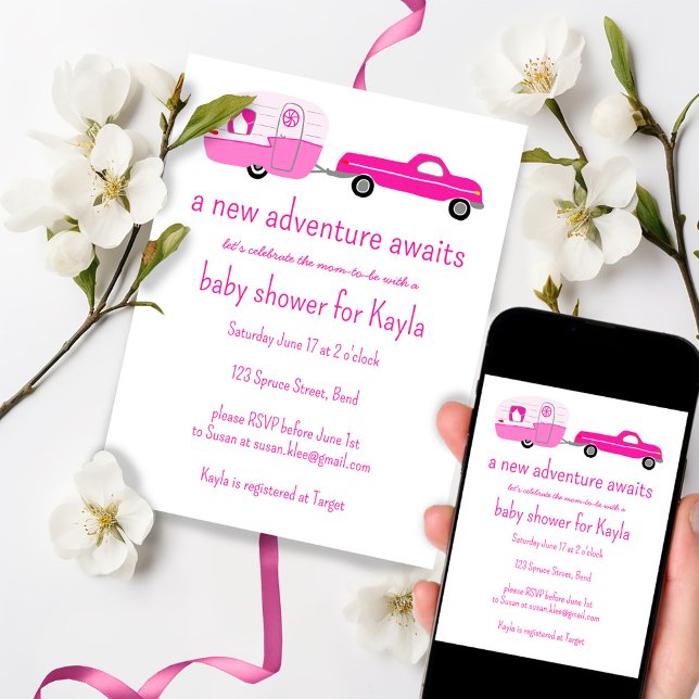 Convites Aventura Aguarda Caminhão e CHÁ DE FRALDAS de Trai (Adventure Awaits Cute Pink Truck & Trailer Tree-Free BABY SHOWER Invitation email or print custom
)