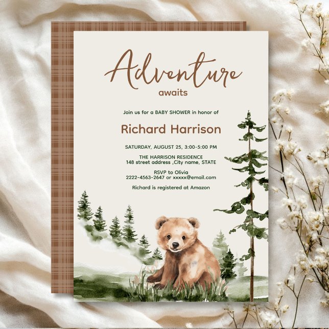 Convites Aventura aguarda chá de fraldas bonito de urso flo (Adventure awaits cute watercolor bear, green forest, woodland theme baby shower invitation )