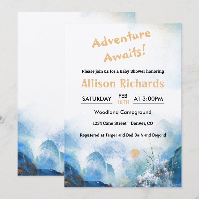 Convites Aventura aguarda chá de fraldas da paisagem montan (Frente/Verso)