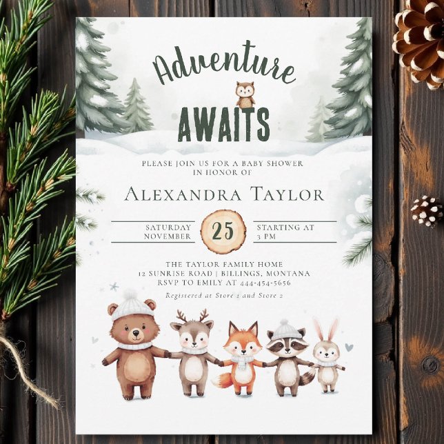 Convites Aventura Aguarda Chá de fraldas de inverno da Mari (winter baby shower invitation adventure awaits woodland animals cute watercolor forest snow cold)