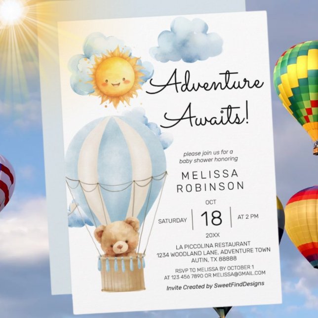 Convites Aventura aguarda chá de fraldas de ursinho de sol (Adventure awaits sunshine teddy bear baby shower invitation)