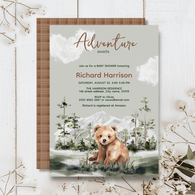 Convites Aventura aguarda chá de fraldas de urso da florest (Adventure awaits cute watercolor bear, green forest, woodland theme baby shower invitation )