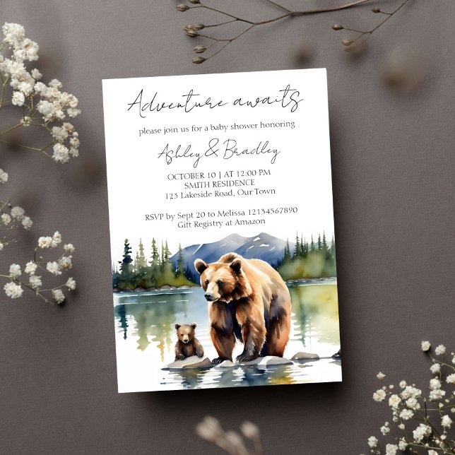 Convites Aventura aguarda um filhote de urso com a mãe chá  (Adventure awaits national park themed baby shower template invitation instant download bear cub)