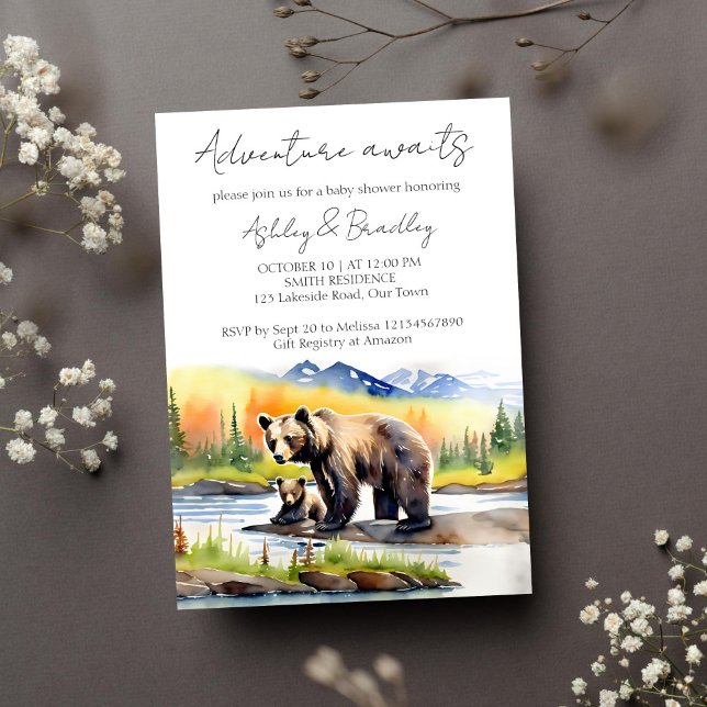 Convites Aventura aguarda um filhote de urso com a mãe chá  (Adventure awaits Alaskan wilderness bear cub with mama bear baby shower template invitation download)