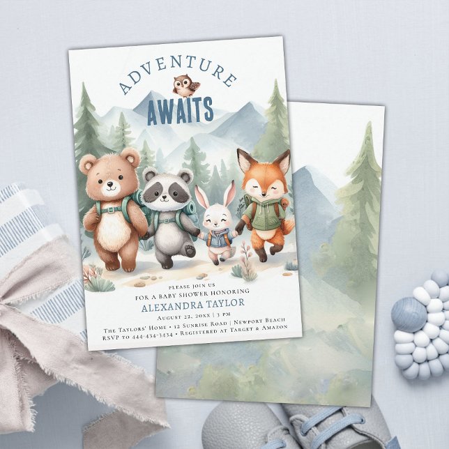 Convites Aventura Animais De Floresta Andando Chá de fralda (woodland boy baby shower invitation adventure mountain forest cute animals hiking watercolor)
