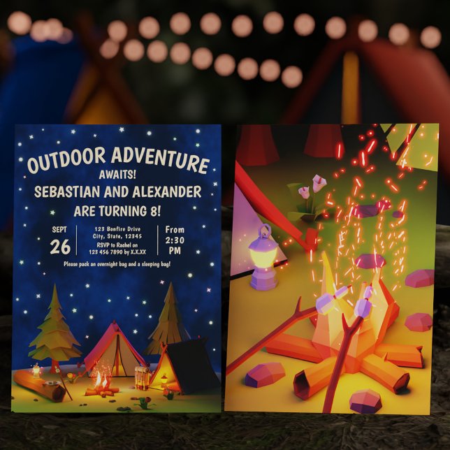 Convites Aventura ao ar livre de acampamento duplo aguarda  (Double Camping Outdoor Adventure Awaits Birthday Invitation)