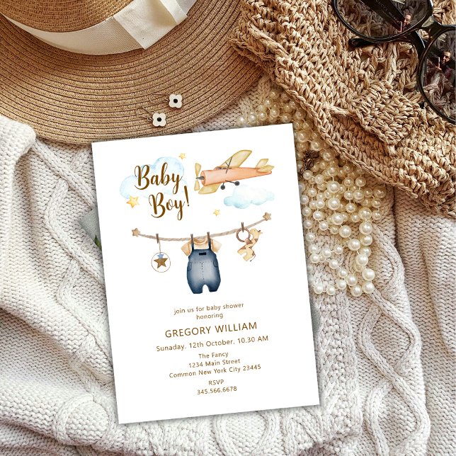 Convites Aventura Boy Clothesline Airplane Chá de fraldas (Adventure Boy Clothesline Airplane Sky Baby Shower Invitation)