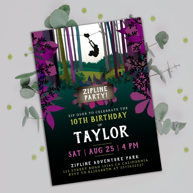 Convites Aventura de aniversário da Floresta Roxa Zipline l (Criador carregado)