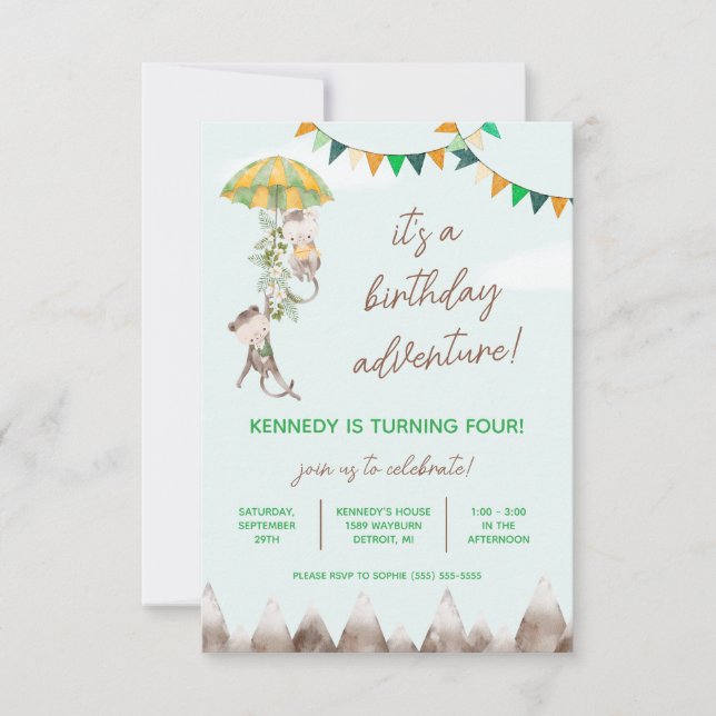 Convites Aventura de Aniversário, Macacos, Montanhas Aniver (Frente)