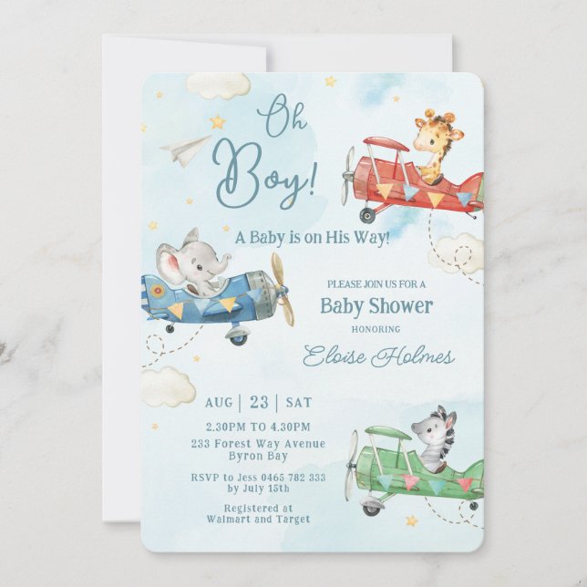 Convites Aventura de Avião Bastante Animais Oh Chá de frald (Frente)