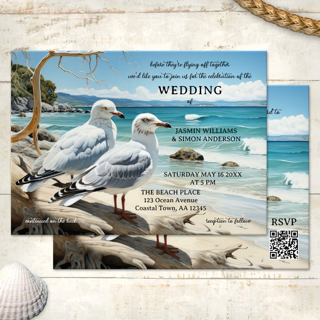 Convites Aventura de praia de Seagull em um único casamento (All in one wedding invitation featuring two seagulls looking out at the beach)