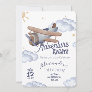 Convites Aventura de Primeiro Aniversário de Avião Vintage 