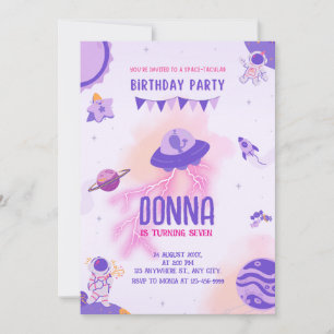 Convites Aventura Espacial Girassol Púrpura Rosa Aniversári