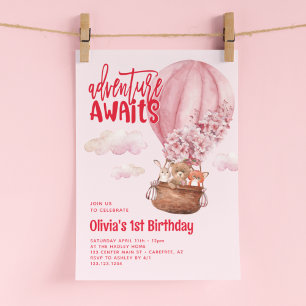 Convites Aventura Espera Aniversário de 1 ano Rosa e Vermel