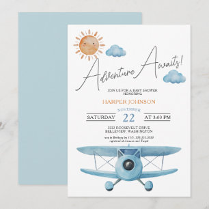 Convites Aventura Espera Chuveirinho de Bebê Menino Avião