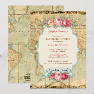 Convites Aventura Espera Mapa Mundial Vintage Rosas